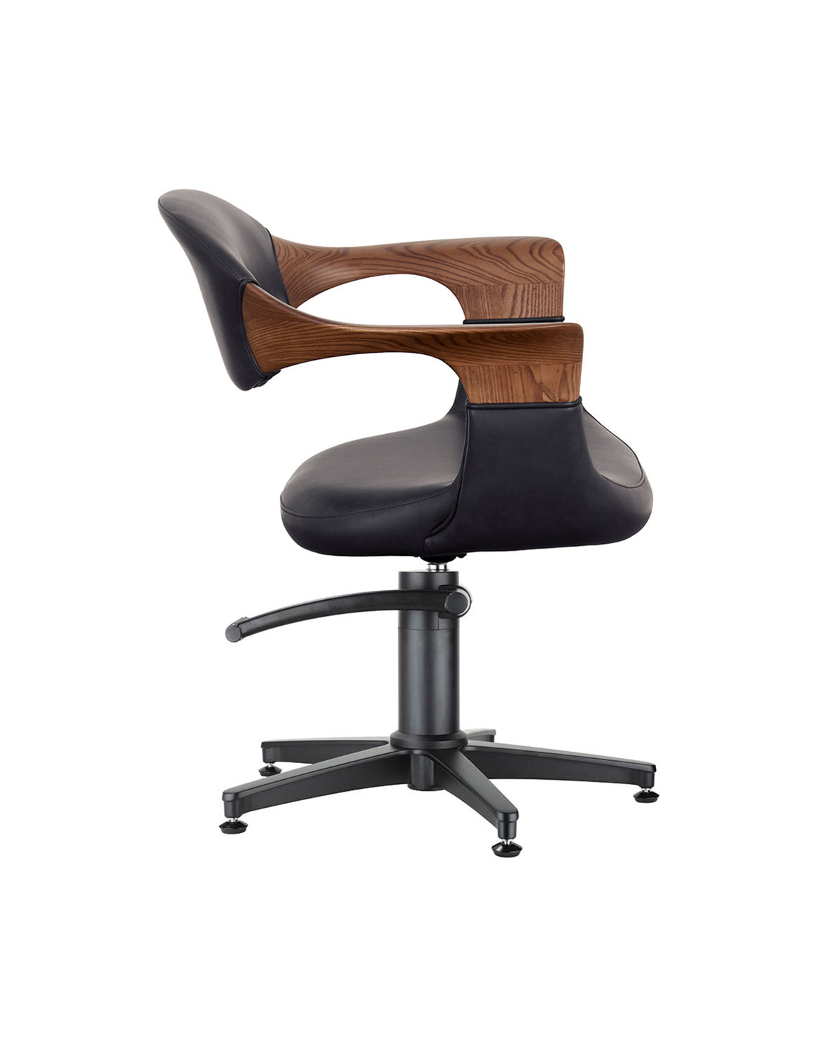 Oakley Midnight - Grå stylingstol med sort kryssbase og armlene i eik